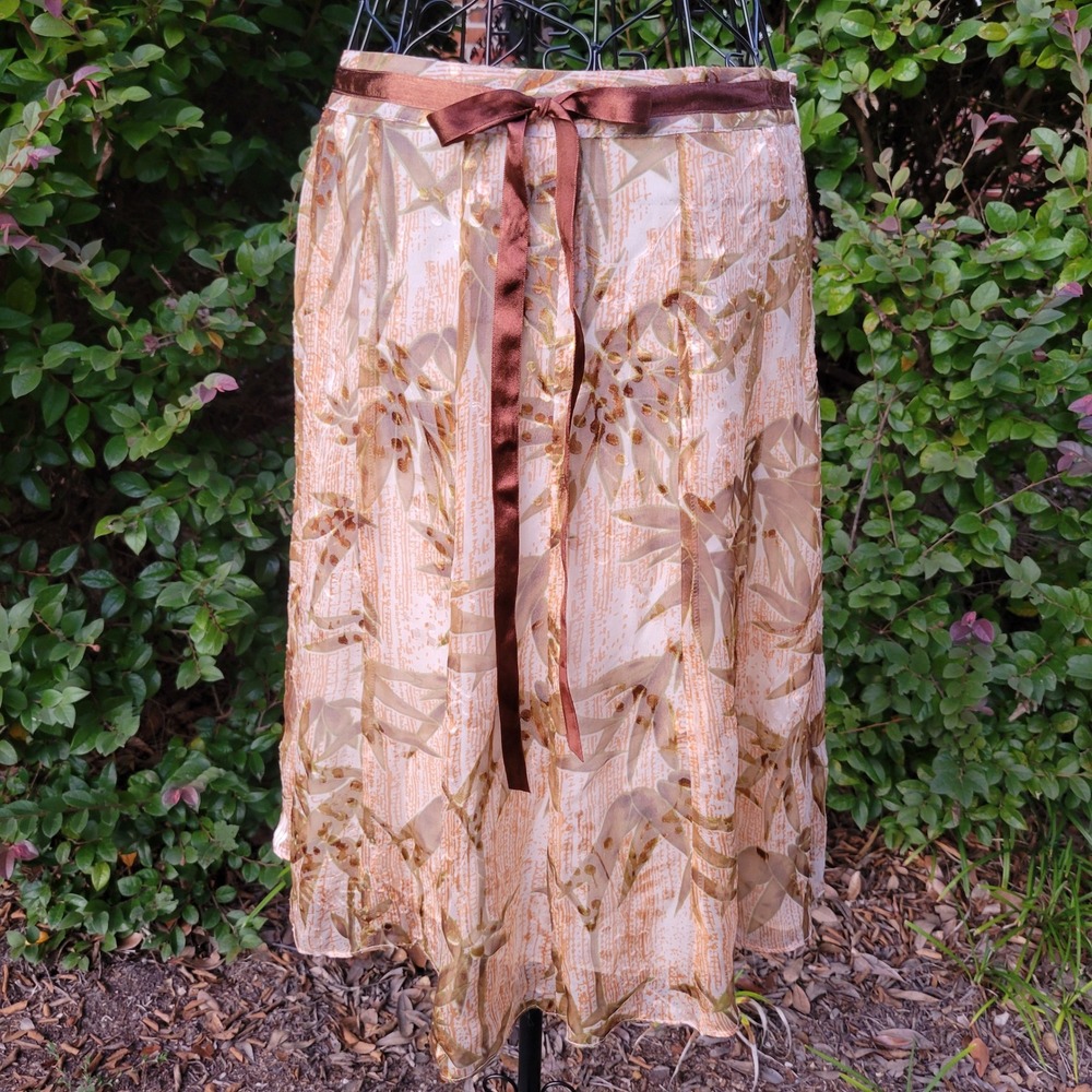 John Paul Richard 8P Midi Skirt Brown Silk Blend Burnout Leaf Modest 90s Earthy